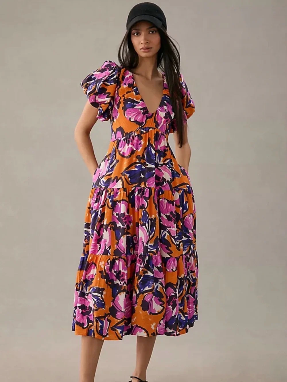 Anthropologie Orange Floral Puff-Sleeve Midi Dress with Pink & Purple Accents